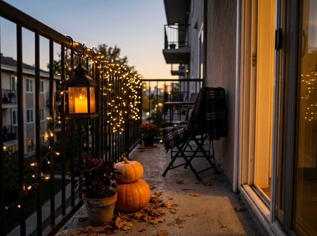 Small apartment balcony with pumpkins, hanging lantern, and warm string lights for Halloween