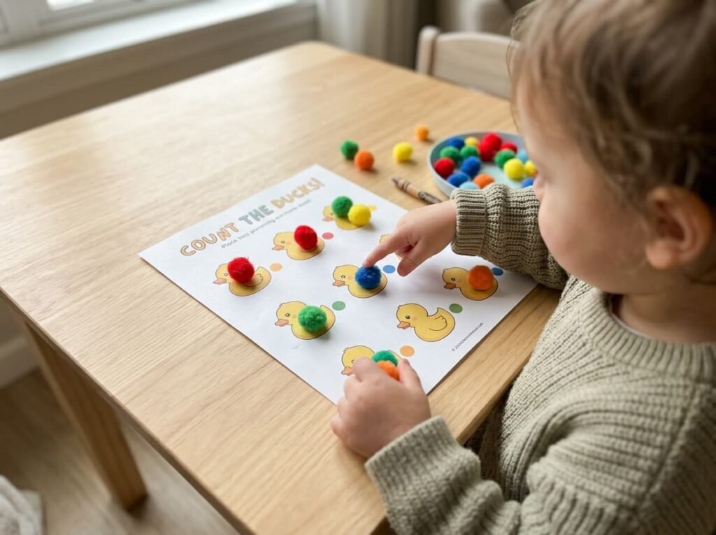 Child counting pom-poms on a duck counting worksheet for preschoolers
