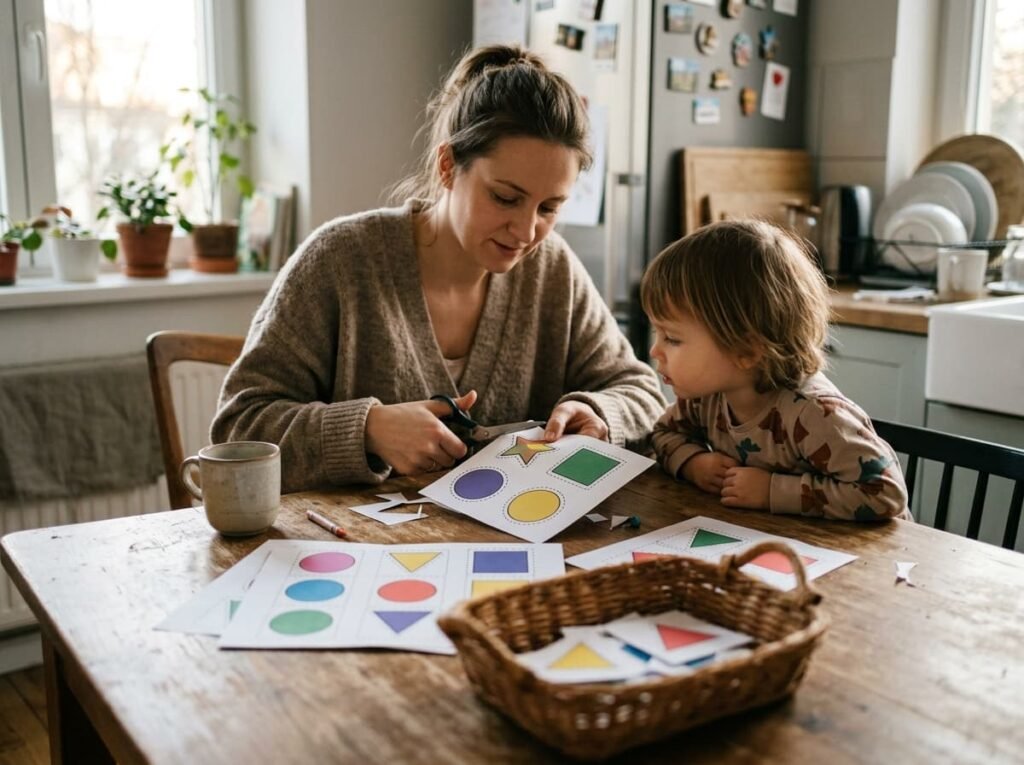 Parent preparing shape matching cards at the kitchen table while child watches