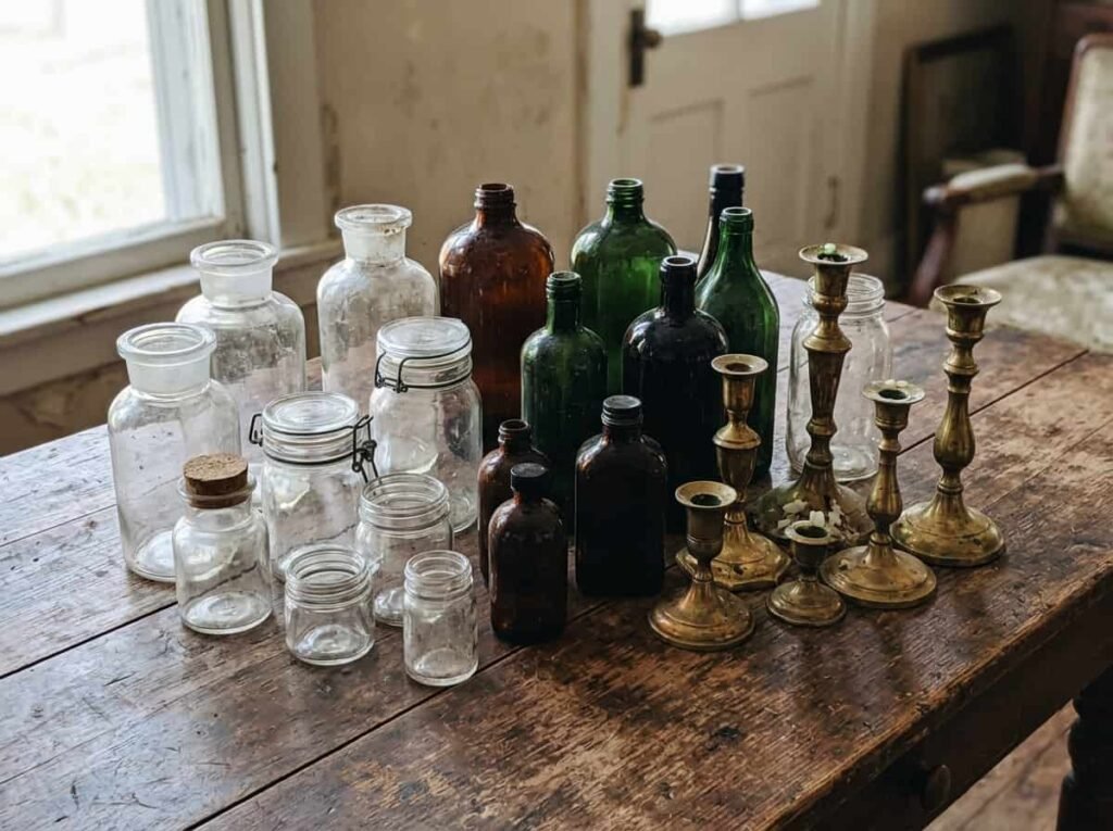 Everyday glass jars, bottles and candlesticks ready to become Halloween decor
