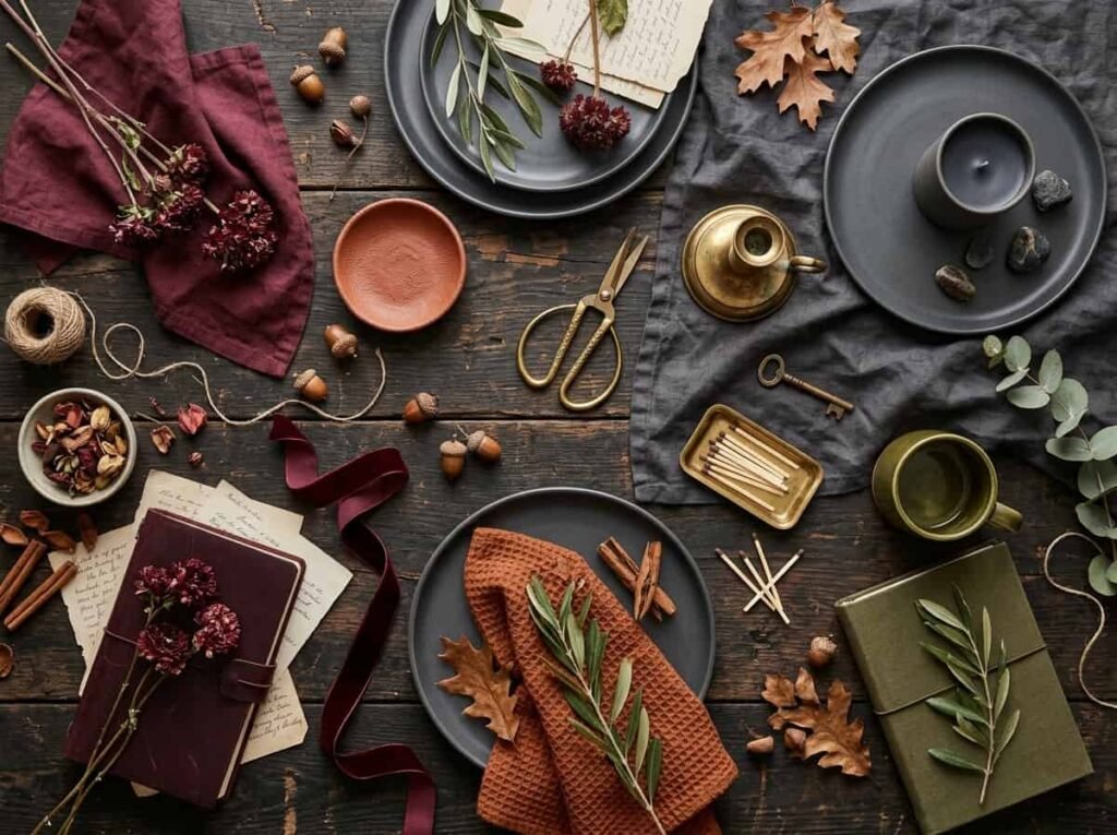 Moody fall color palette of burgundy, rust, charcoal and brass