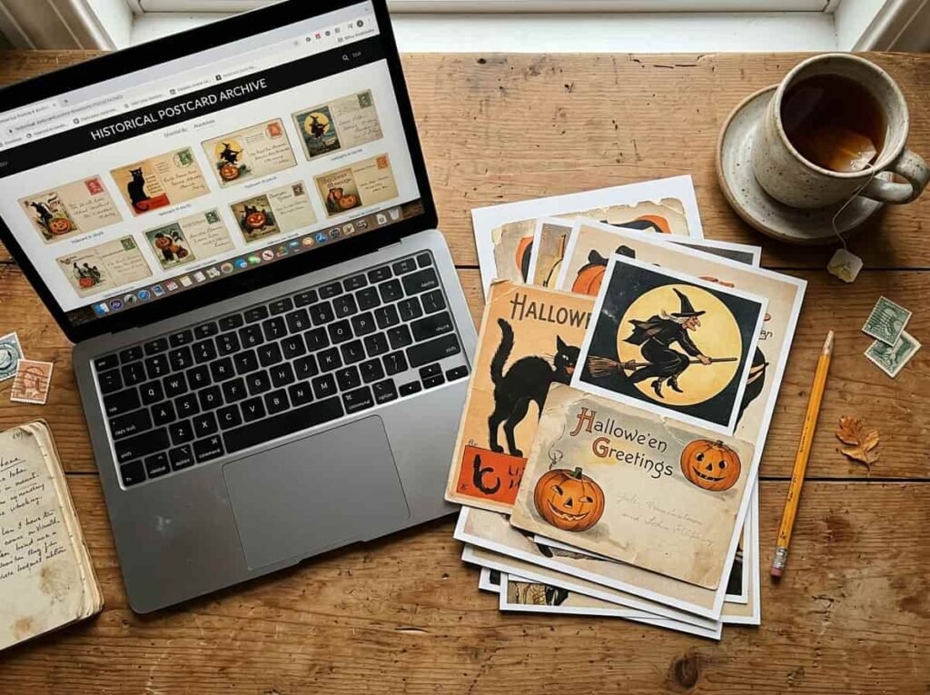 Desk with a laptop browsing a digital archive and printed vintage Halloween images beside a cup of tea