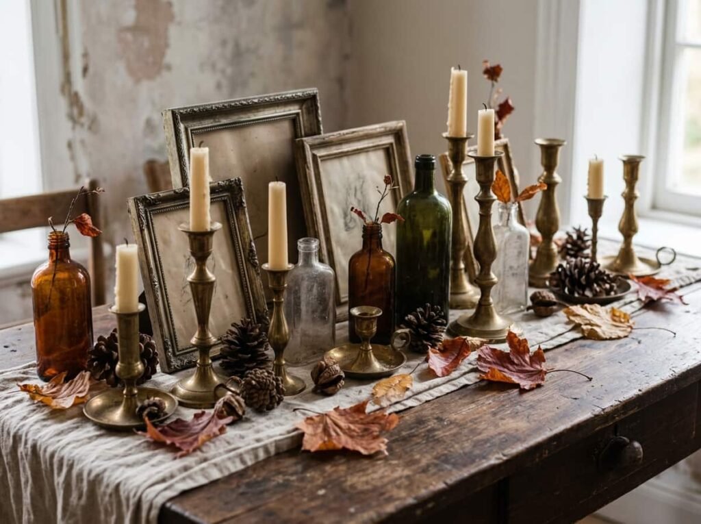 Thrifted and foraged items for budget-friendly Halloween decor.
