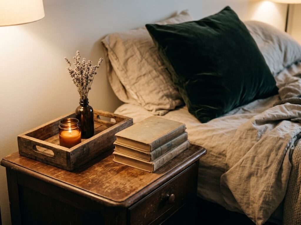 Cozy bedroom nightstand with a tray, candle, small bottle with dried flower and books