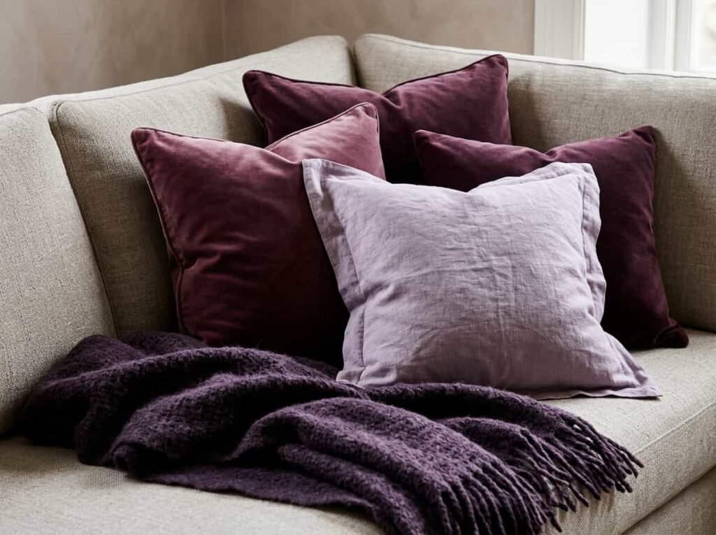 Layered velvet, linen, and wool textiles in shades of plum and lavender on a sofa