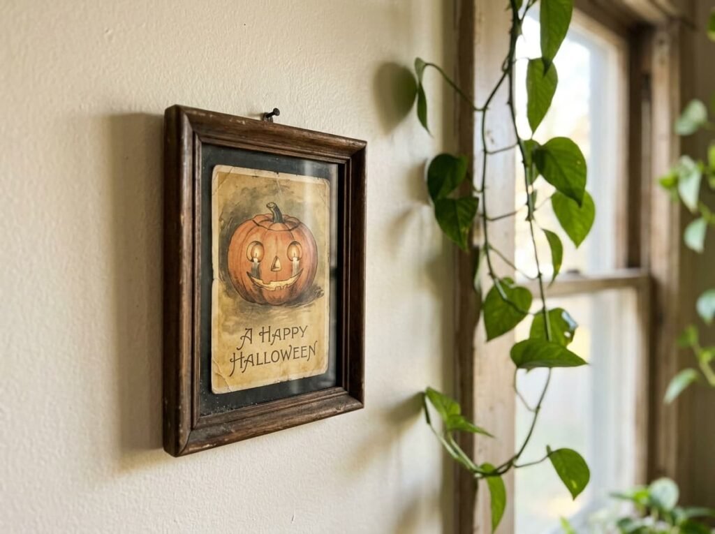 Small framed vintage jack-o'-lantern postcard print on a cream kitchen wall next to a window with a green plant