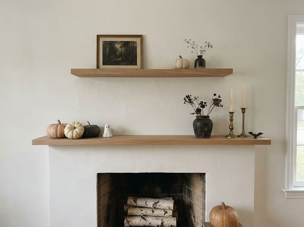 Uncluttered Halloween shelf decor showing a few well-chosen pieces.