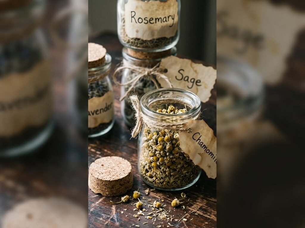 Glass apothecary jars with handwritten aged paper labels tied with twine