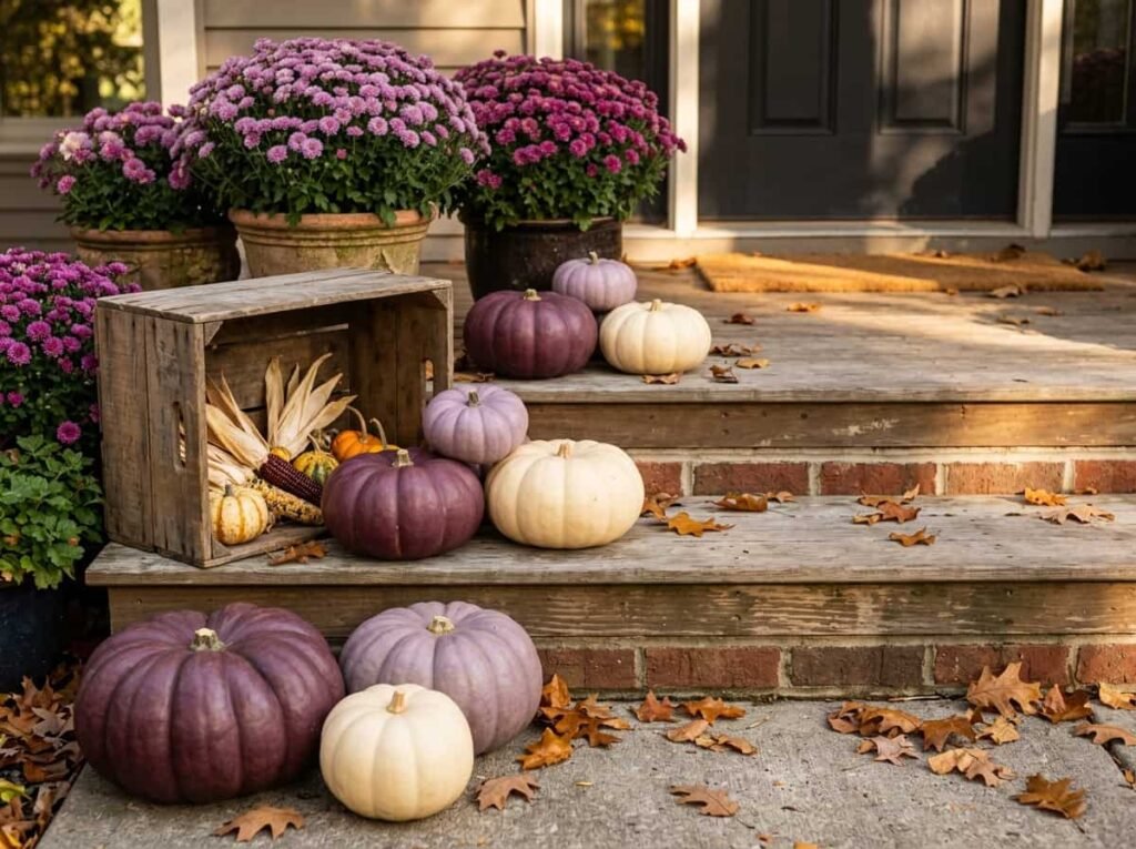 Porch display with plum and cream pumpkins beside potted purple mums