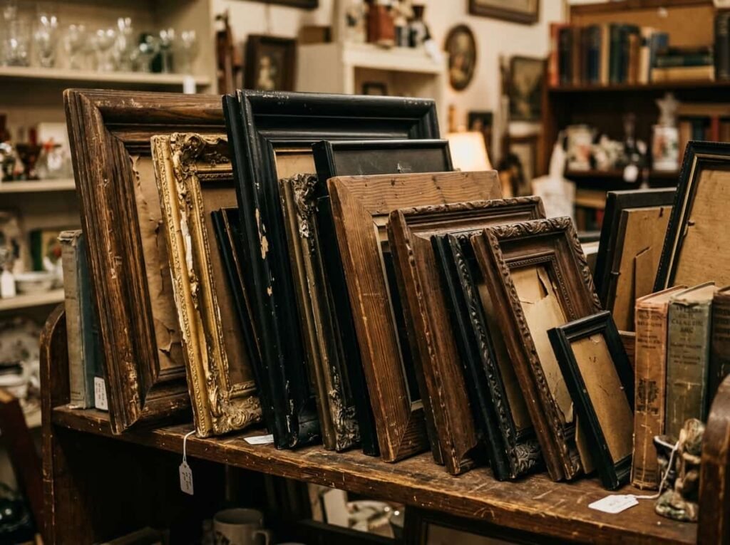 Assorted black, wooden, and antique gold picture frames lined up on a shelf
