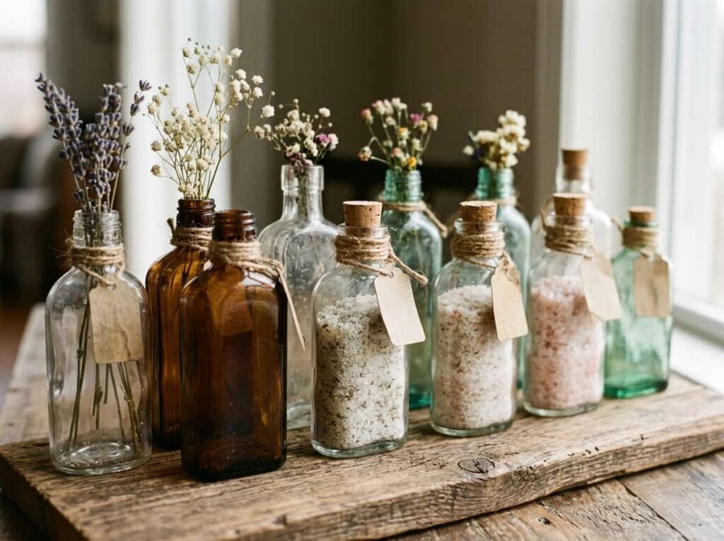 Thrifted glass bottles turned into potion bottles with corks, twine and dried flowers