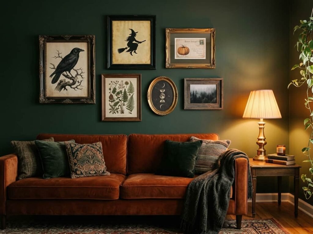 Gallery wall mixing vintage Halloween prints with a botanical print above a velvet sofa on a deep green wall