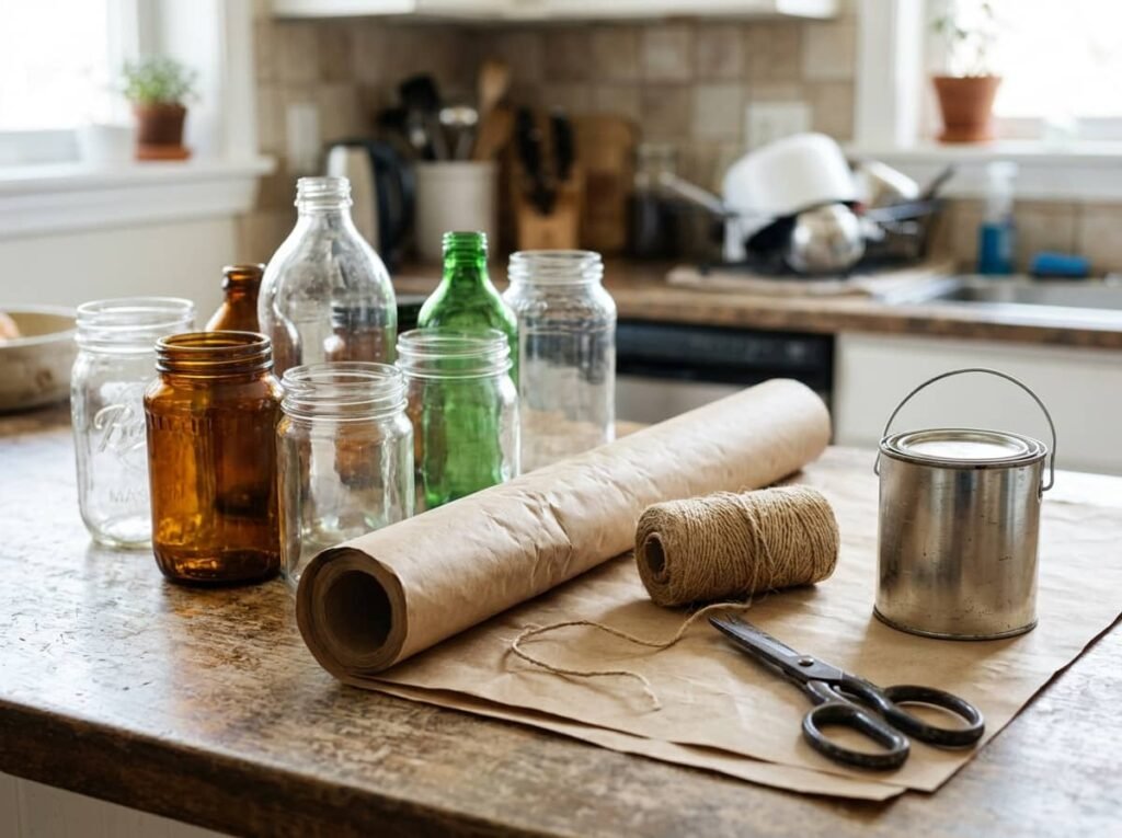 Recycled jars and bottles with kraft paper and twine ready for budget apothecary decor