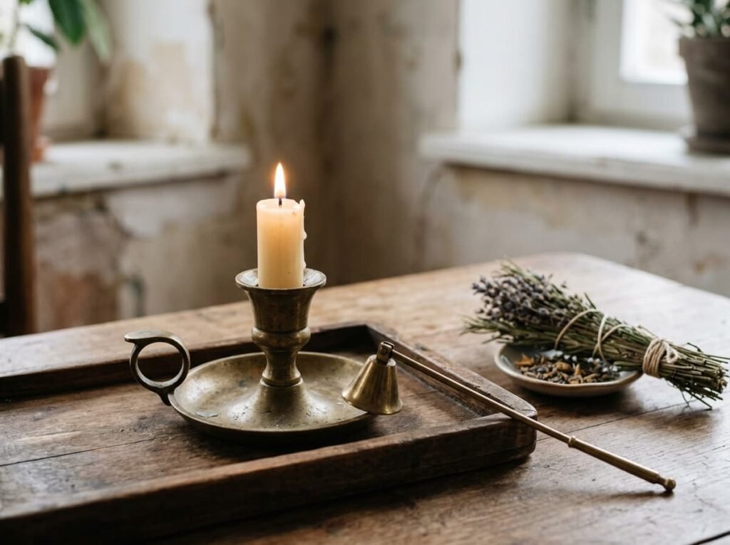 Candle in a sturdy brass holder placed safely away from dried herbs with a snuffer beside it