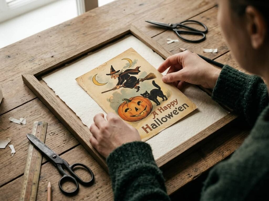 Hands placing a printed vintage Halloween illustration into a wooden frame on a worktable
