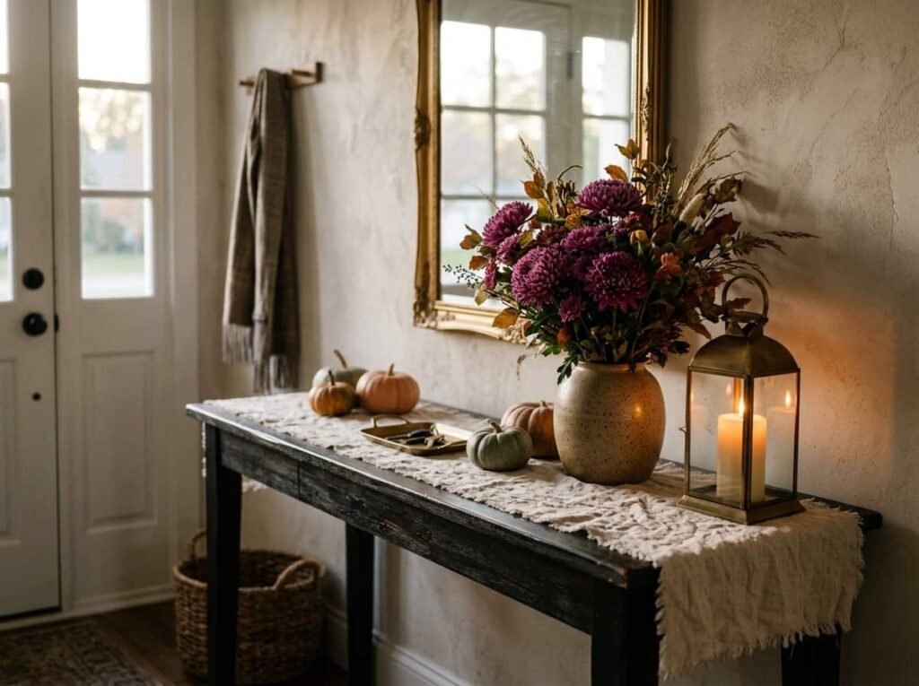 Entryway console styled with purple mums, cream linen, and a brass lantern for fall