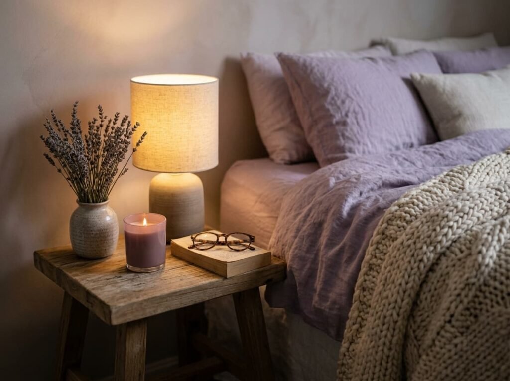 Soft lavender autumn decor on a bedroom nightstand with dried flowers and candle
