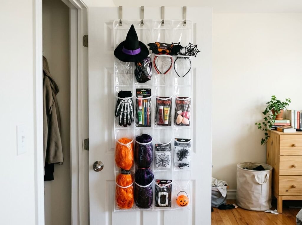 Over-the-door clear pocket organizer filled with Halloween hats, gloves, and costume accessories in a small apartment