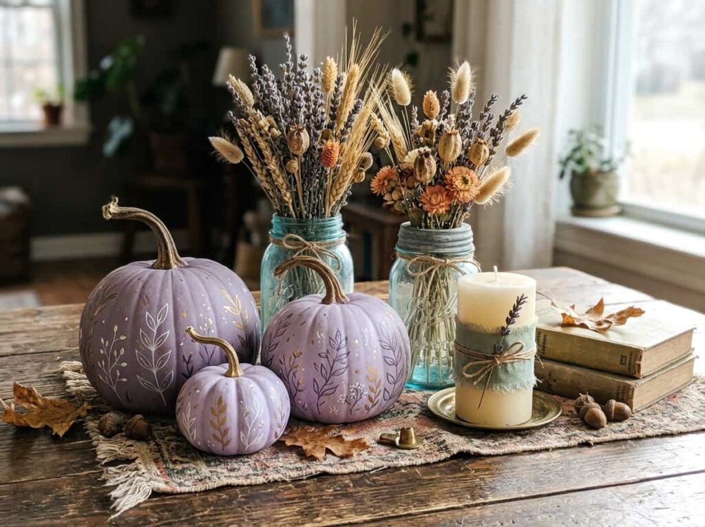 Budget purple fall decor with painted pumpkins and mason jar dried flowers