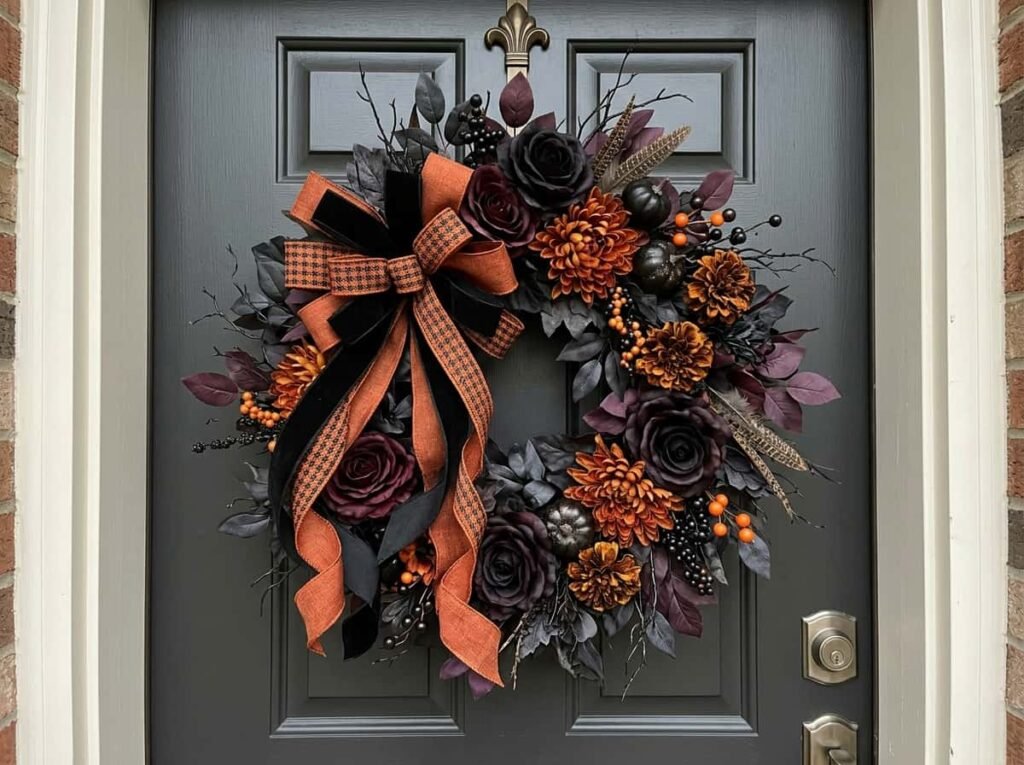 Black and orange Halloween wreath hanging on a front door