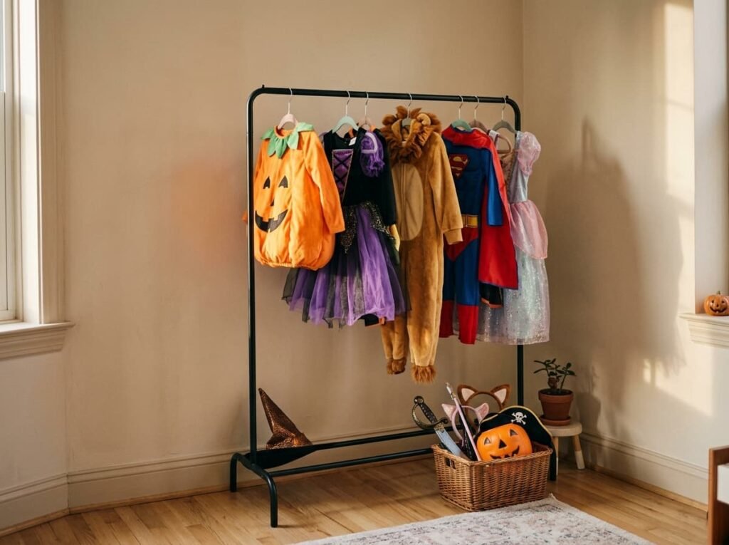 Slim garment rack in an apartment corner displaying hanging Halloween costumes with an accessory basket below