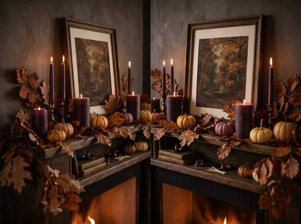Fall mantel with dried leaf garland, deep purple candles, and mini pumpkins