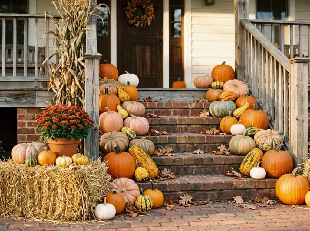 Pumpkins, gourds and hay bales arranged on Halloween porch steps