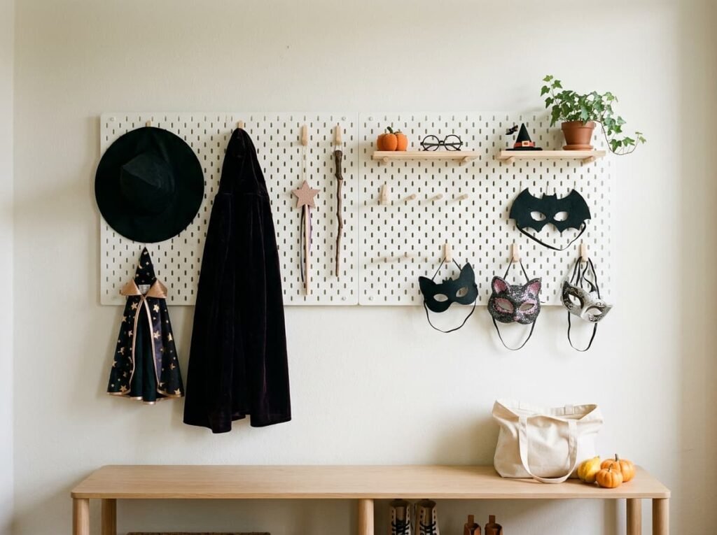 Wall-mounted pegboard organizing Halloween hats, wands, capes, and masks in a minimalist apartment