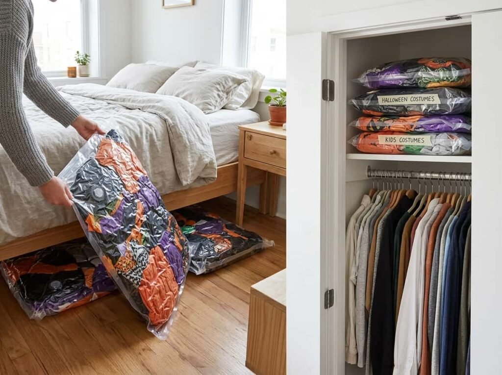 Vacuum-sealed bags holding folded Halloween costumes stored under a bed and on a closet shelf