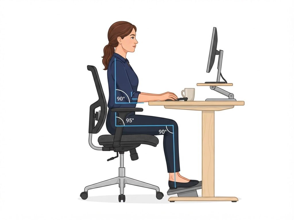 Illustration of correct ergonomic sitting posture at a desk.