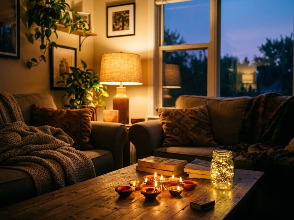 Living room corner with layered warm lighting and a Diwali coffee table with terracotta and brass diyas