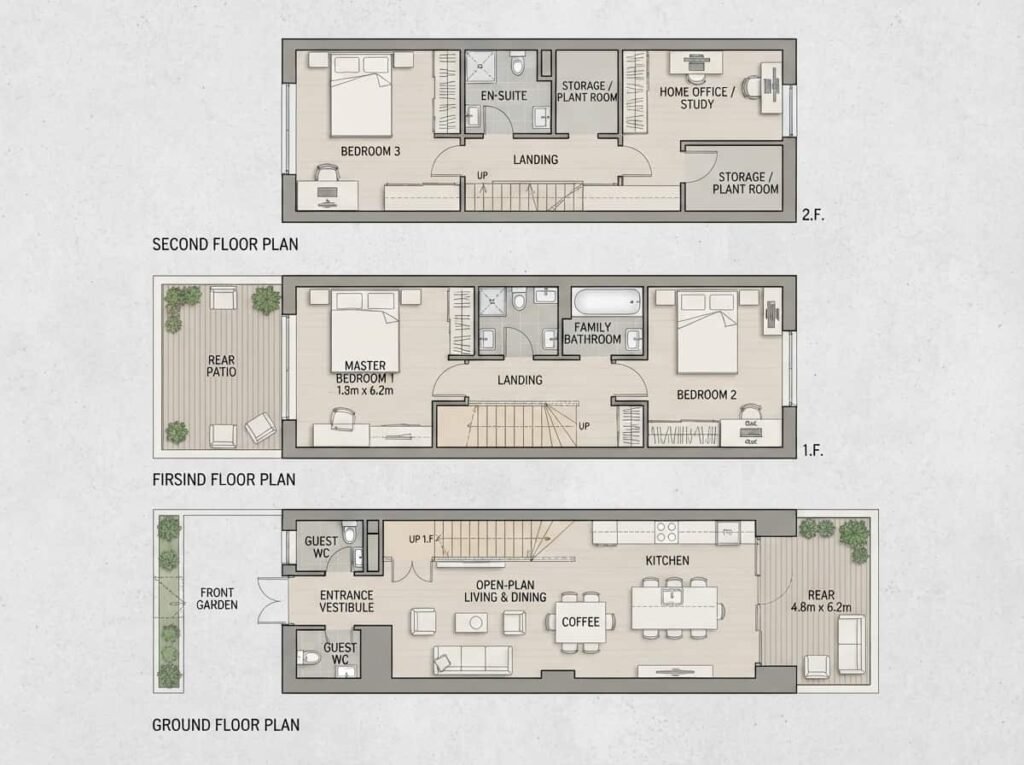 Top-down architectural floor plan of a narrow three-storey terrace house, clean and minimal, showing an open ground floor with a central stair, soft beige and grey palette, labelled zones.