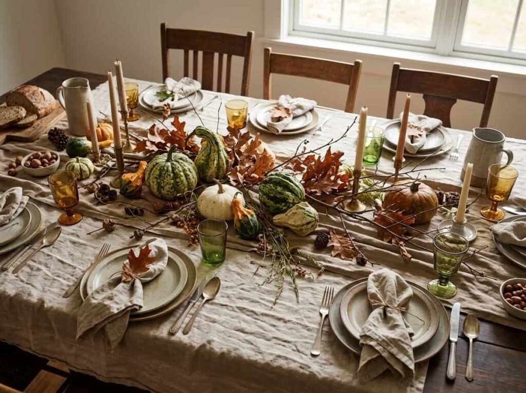 Asymmetrical foraged Thanksgiving table with mixed gourds, leaves and twigs