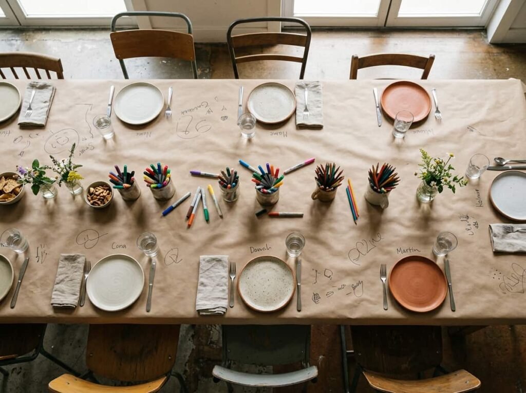 Kraft paper table covering with markers for Friendsgiving