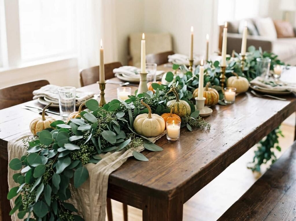 Eucalyptus garland with pumpkins and candles on a Thanksgiving dining table