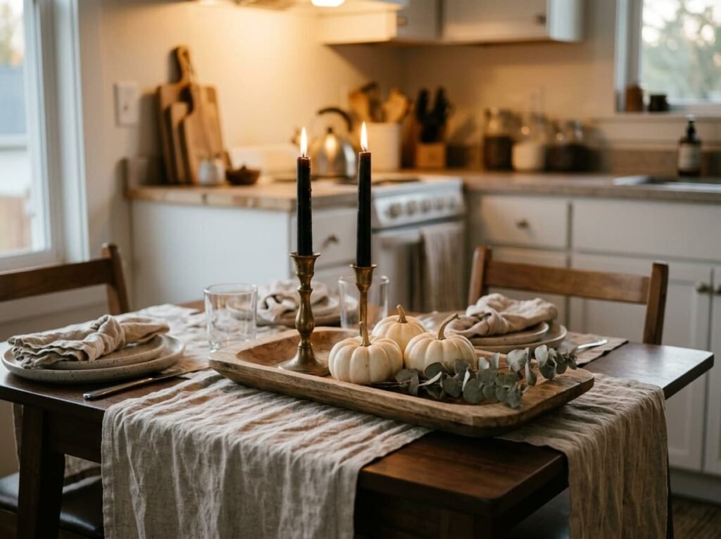 Small dining table with a simple Halloween centerpiece of candles and mini pumpkins on a tray