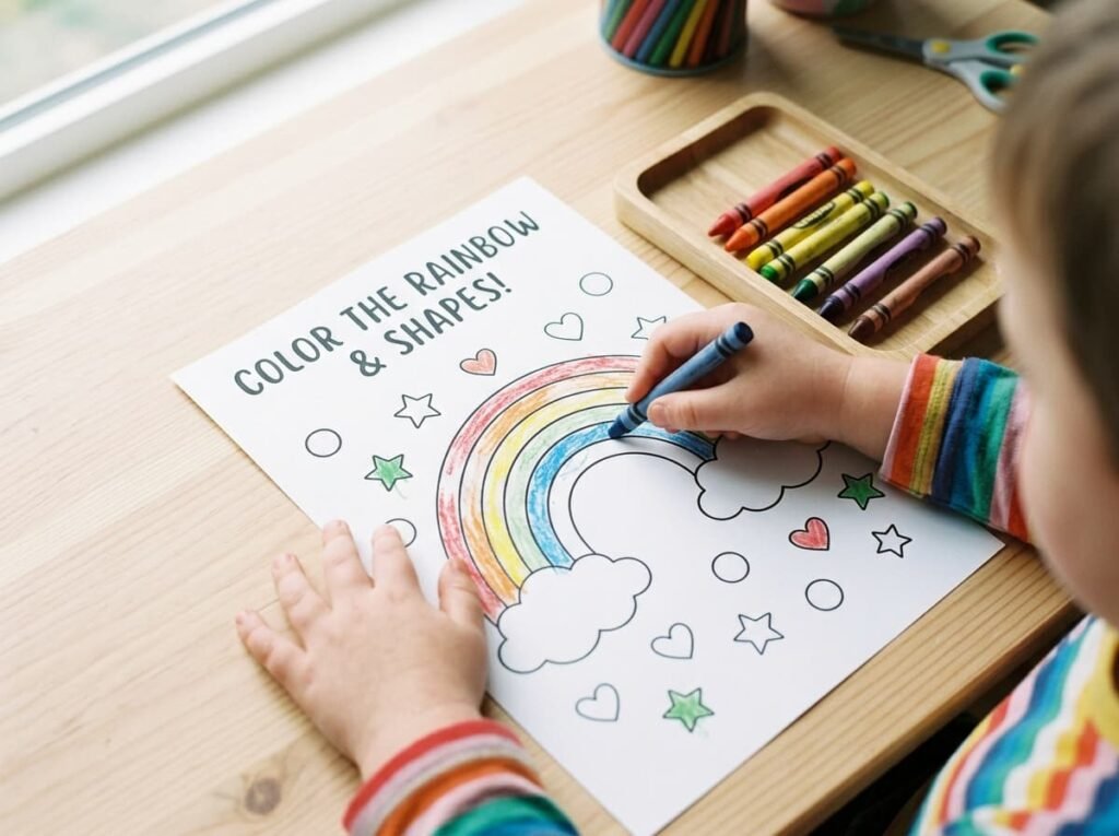 Preschooler coloring a shapes and rainbow worksheet with a small tray of crayons
