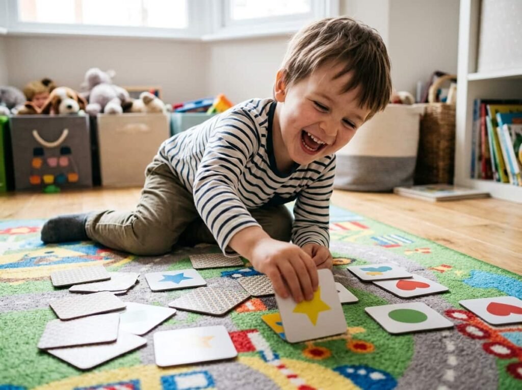 Child playing a memory match game with shape matching cards on a play rug