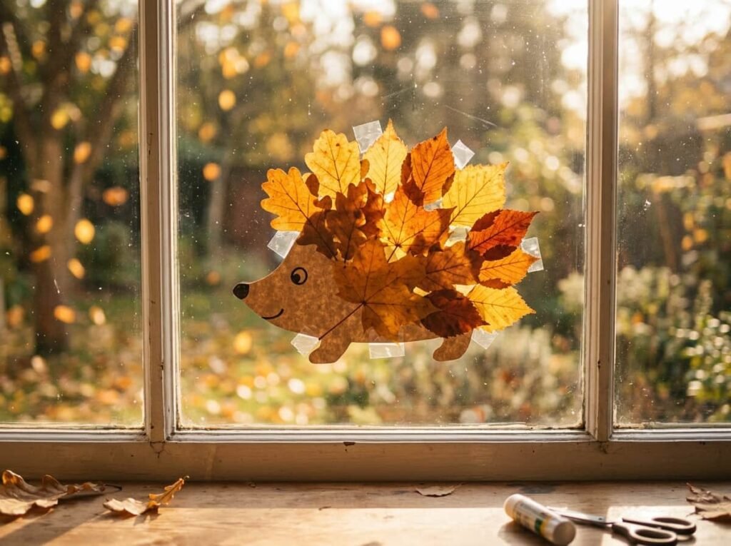 Leaf hedgehog craft displayed on a sunny window as fall decor
