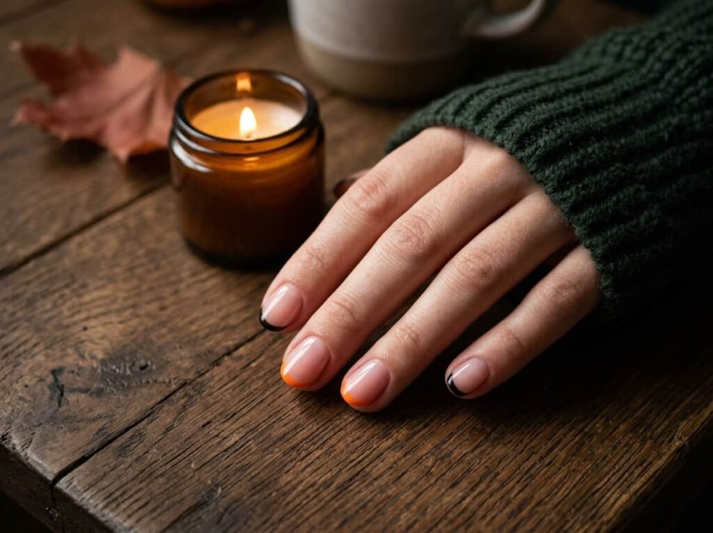 Short nails with black and orange French tips for a simple Halloween manicure