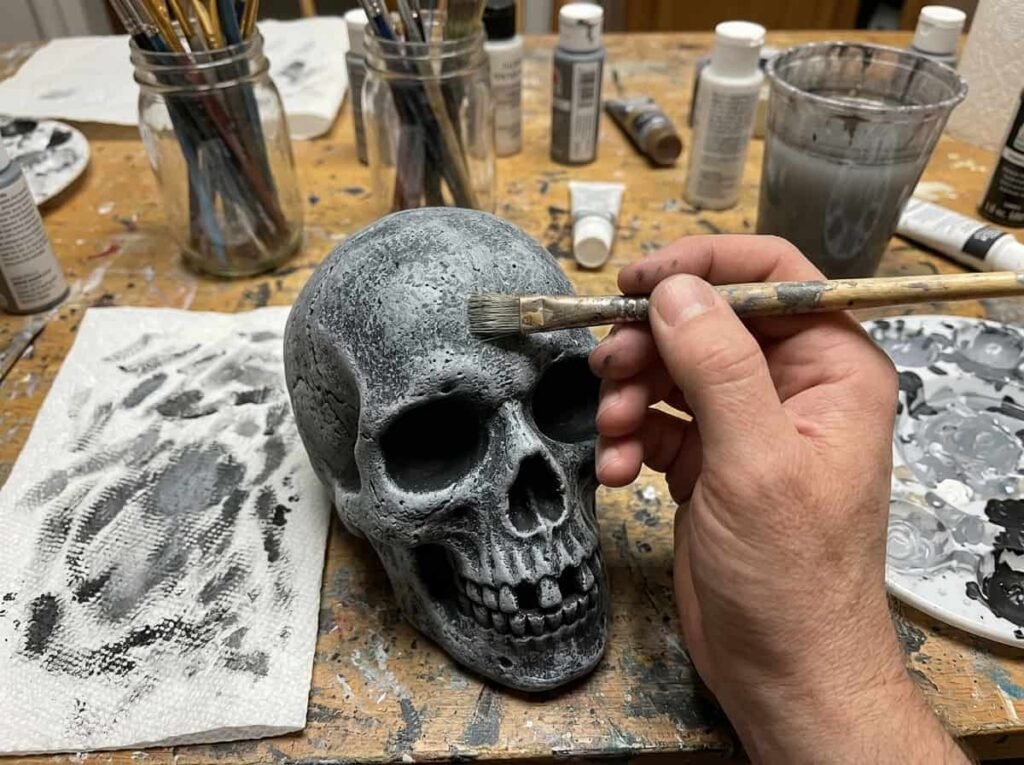 Dry-brushing technique giving a Halloween skull an aged antique finish