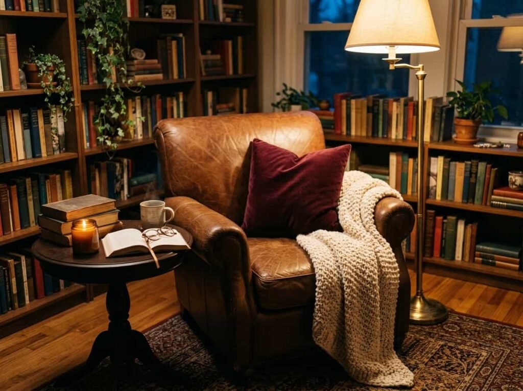Cozy dark fall reading nook with knit blanket and candle