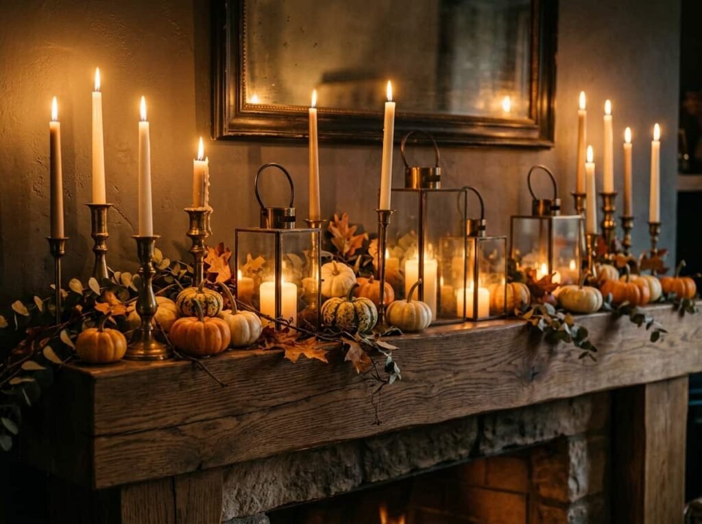 Brass taper candles and lanterns with mini pumpkins