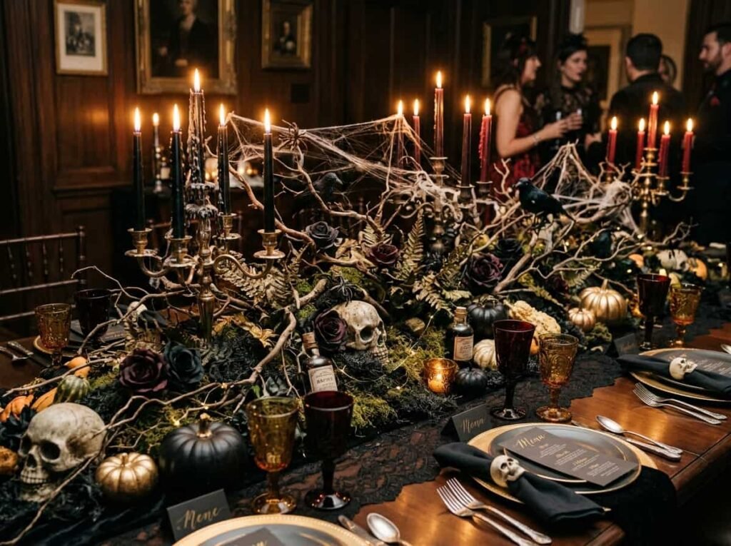 Small round table and long rectangular table with different Halloween centerpiece sizes