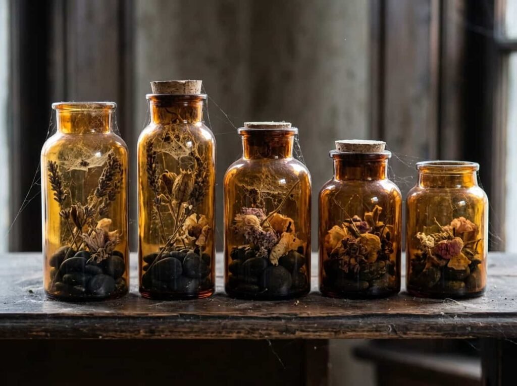 DIY apothecary jar Halloween display made from dollar store glass jars on a wooden shelf.