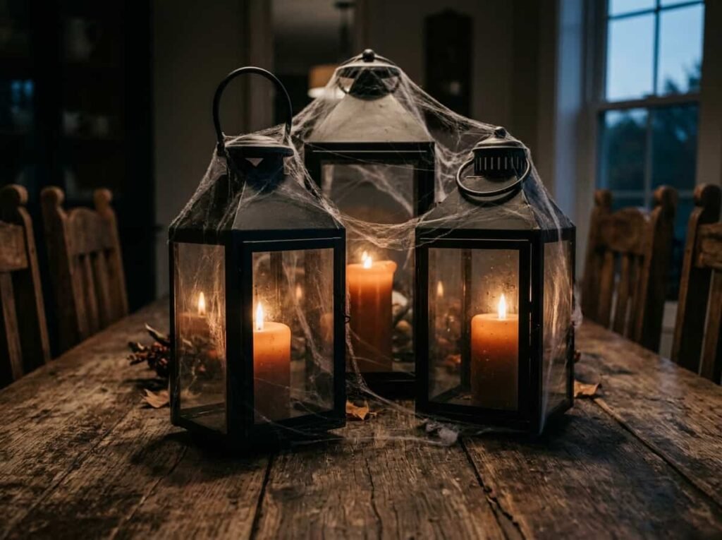 Velvet pumpkin grouping in rich colors for a Halloween dinner table