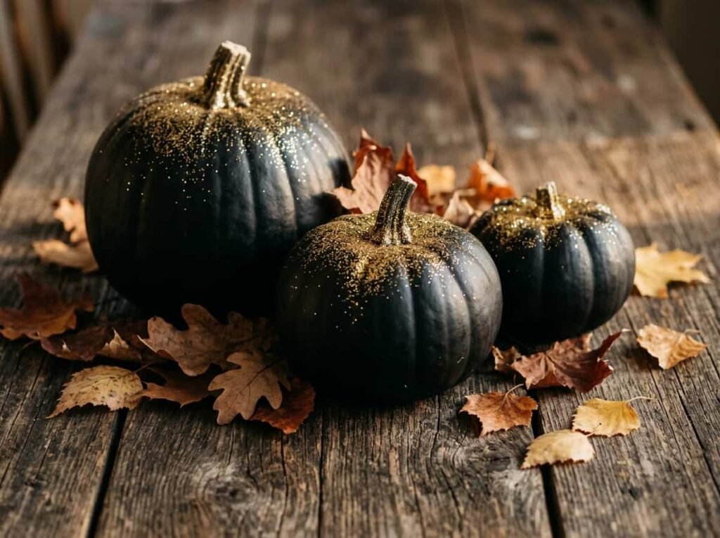 Black and gold glitter pumpkins made from dollar store foam pumpkins on a rustic table.