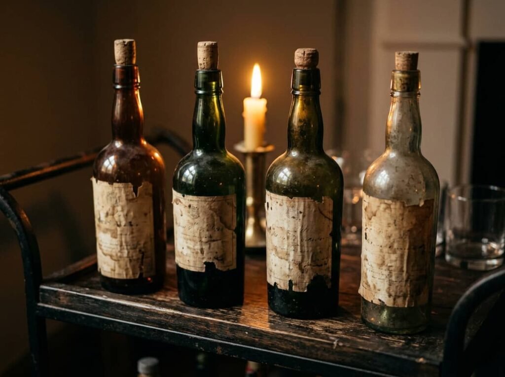 Vintage-style Halloween bottle labels on glass bottles made from dollar store supplies.