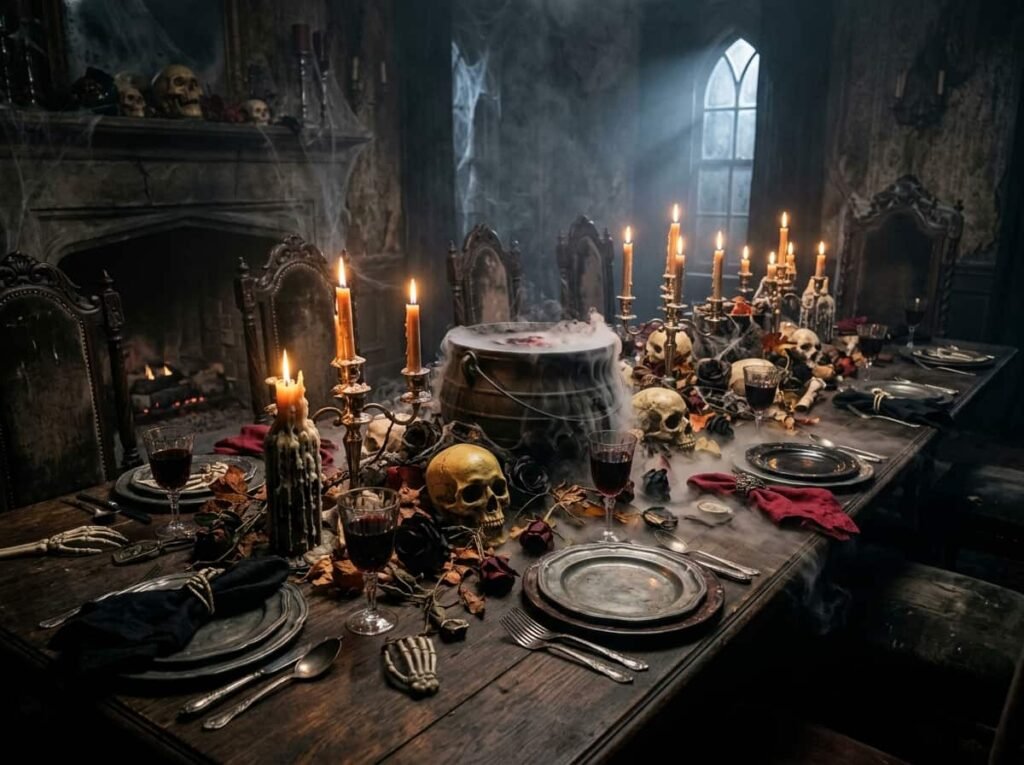 Miniature haunted house scene as a Halloween table centerpiece