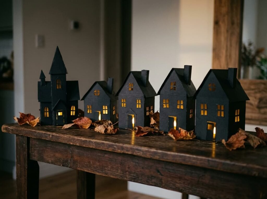 DIY cardboard haunted house mini village with glowing windows, a budget Halloween craft.